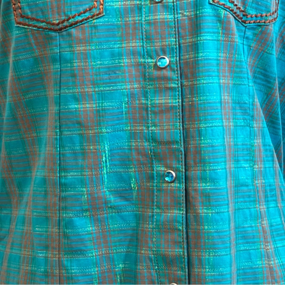 Rock 47 by Wrangler Teal Plaid Western Snap Button Shirt — Size Medium - Picture 5 of 11